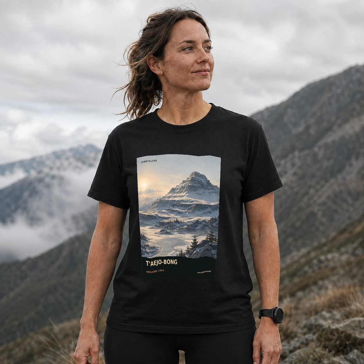 Black T’aejo-bong T-shirt front with mountain artwork