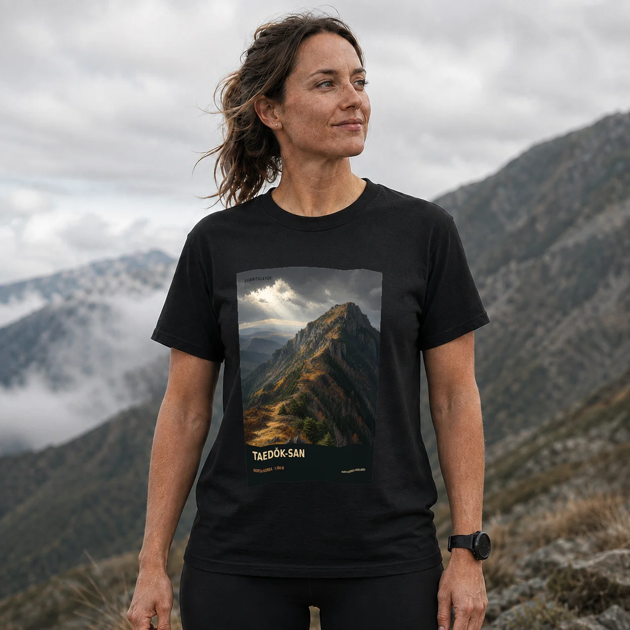 Black Taedŏk-san T-shirt front with mountain artwork
