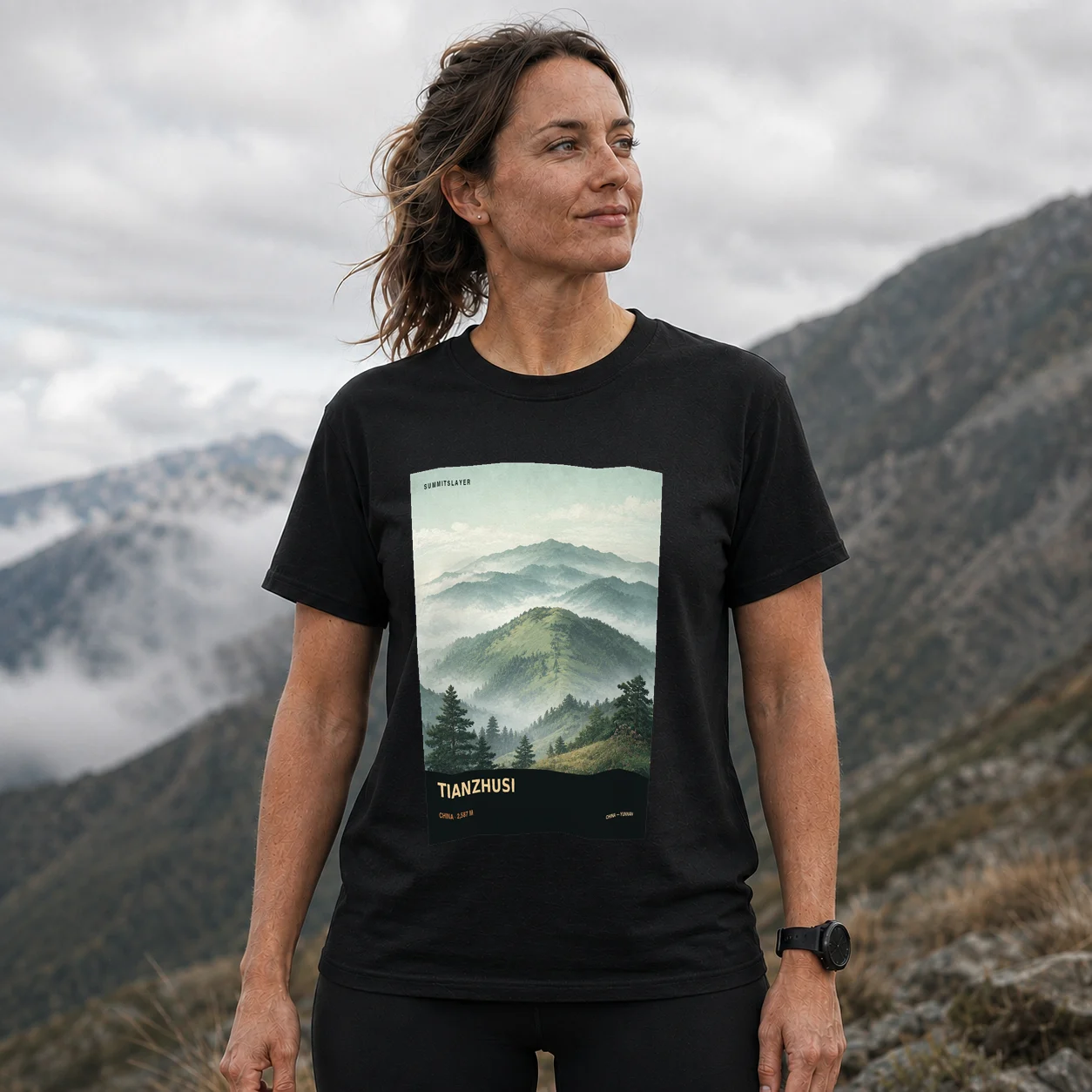 Black Tianzhusi T-shirt front with mountain artwork