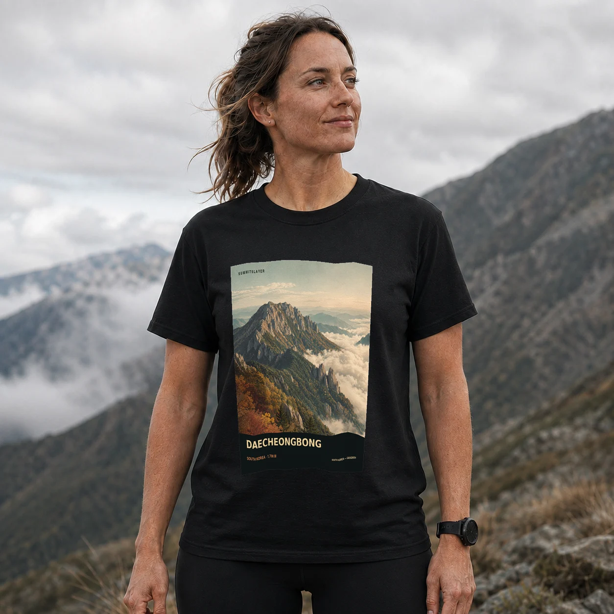 Black Daecheongbong T-shirt front with mountain artwork