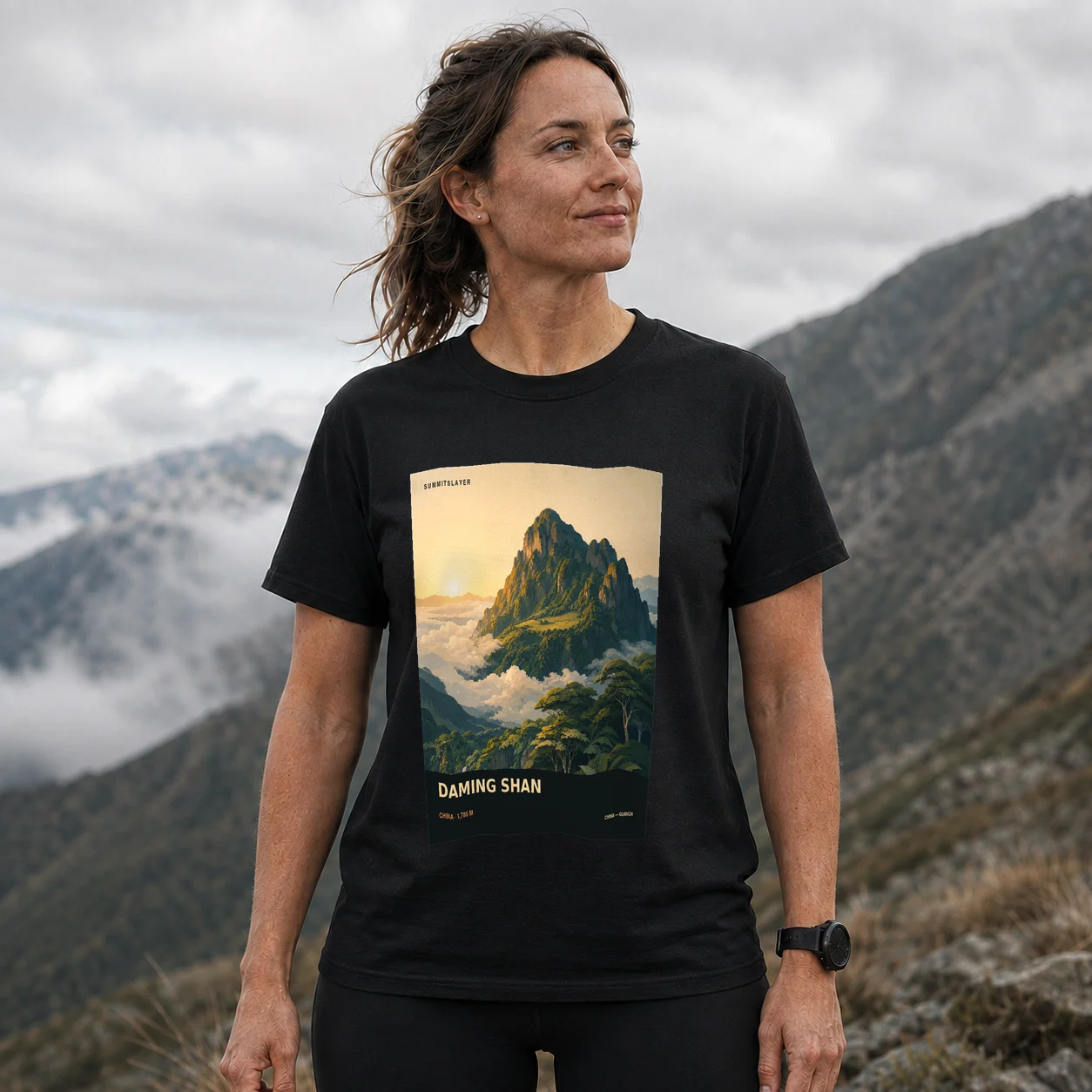 Black Daming Shan T-shirt front with mountain artwork