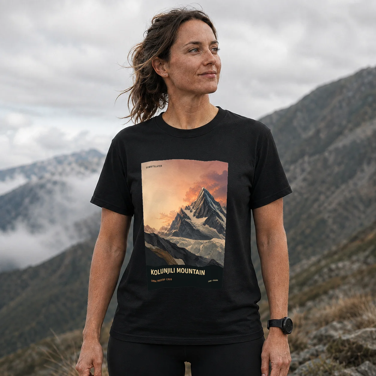 Black Kolunjili Mountain T-shirt front with mountain artwork