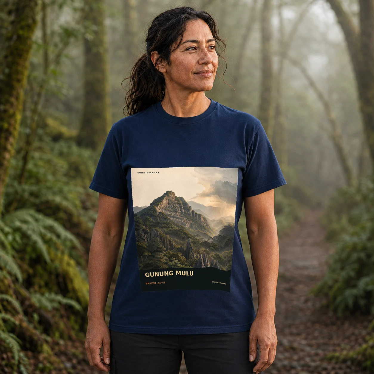 Navy Mount Mulu T-shirt front with mountain artwork