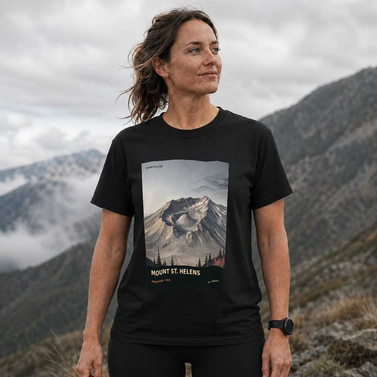 Black Mount Saint Helens T-shirt front with mountain artwork