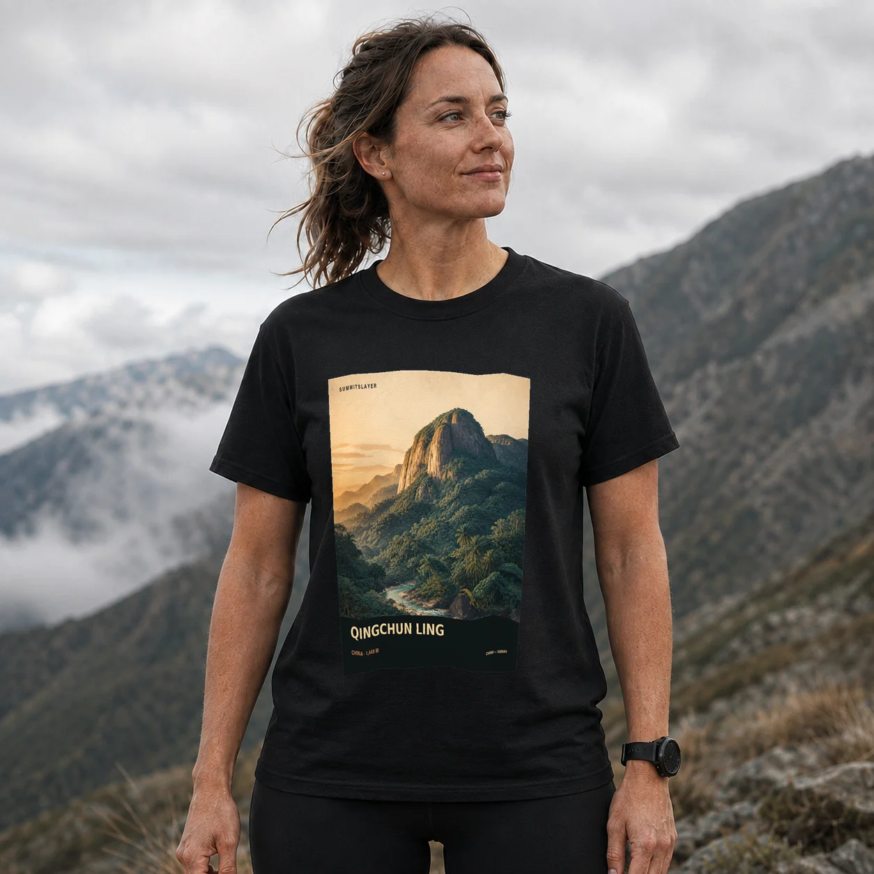 Black Qingchun Ling T-shirt front with mountain artwork