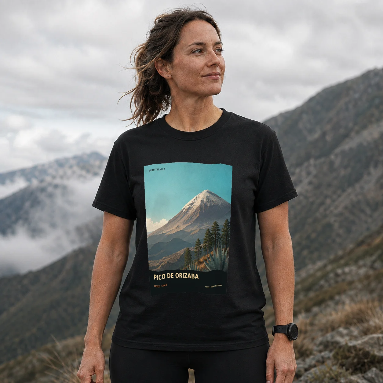 Black Volcán Pico de Orizaba T-shirt front with mountain artwork