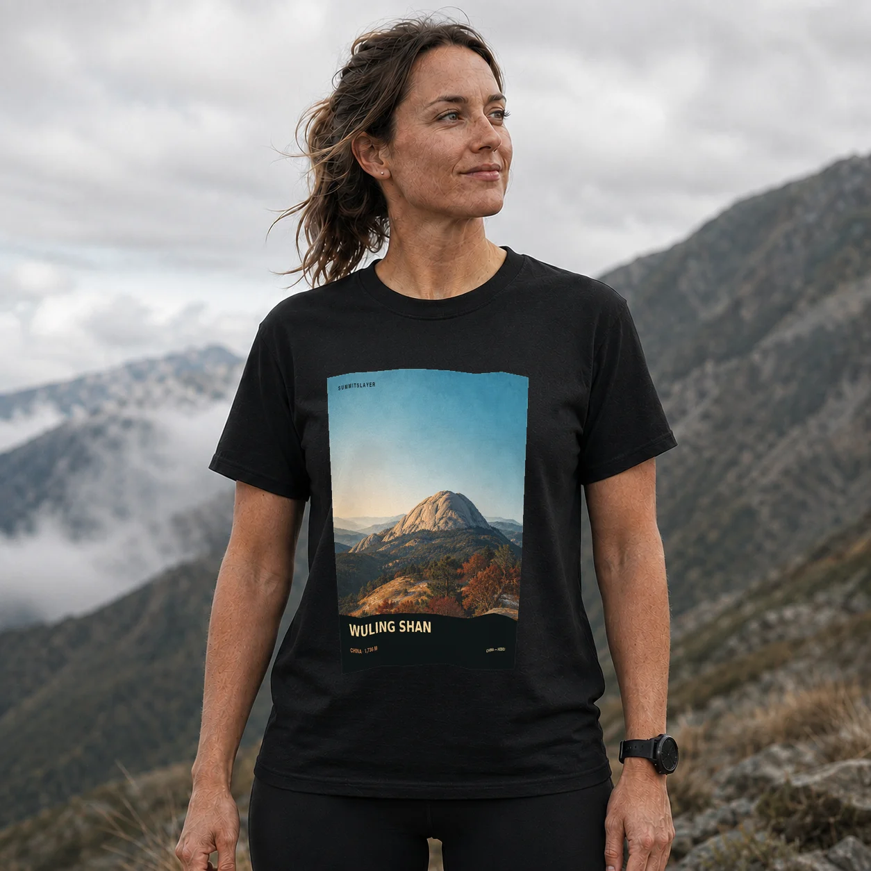 Black Wuling Shan T-shirt front with mountain artwork