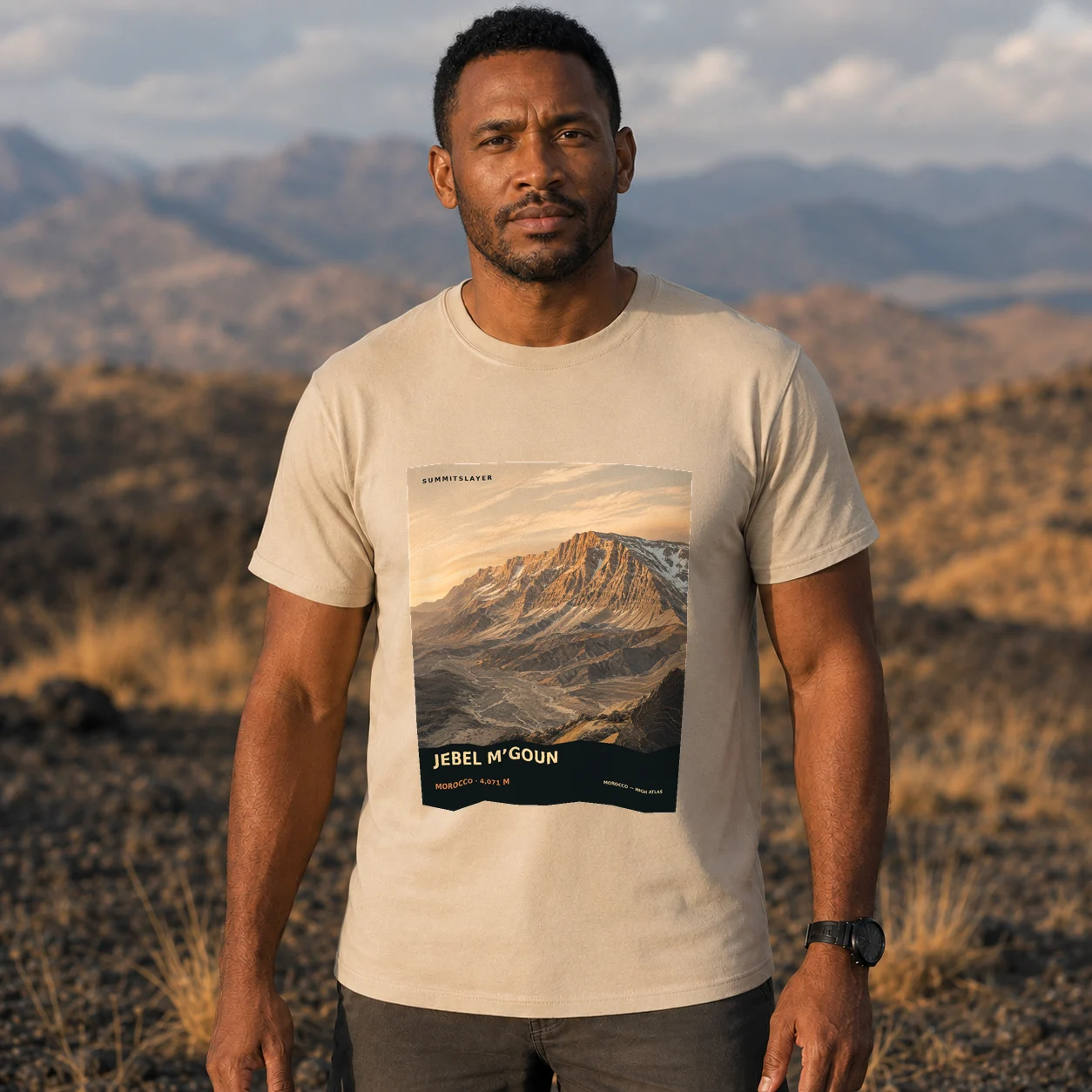 Sand Ighil Mgoun T-shirt front with mountain artwork