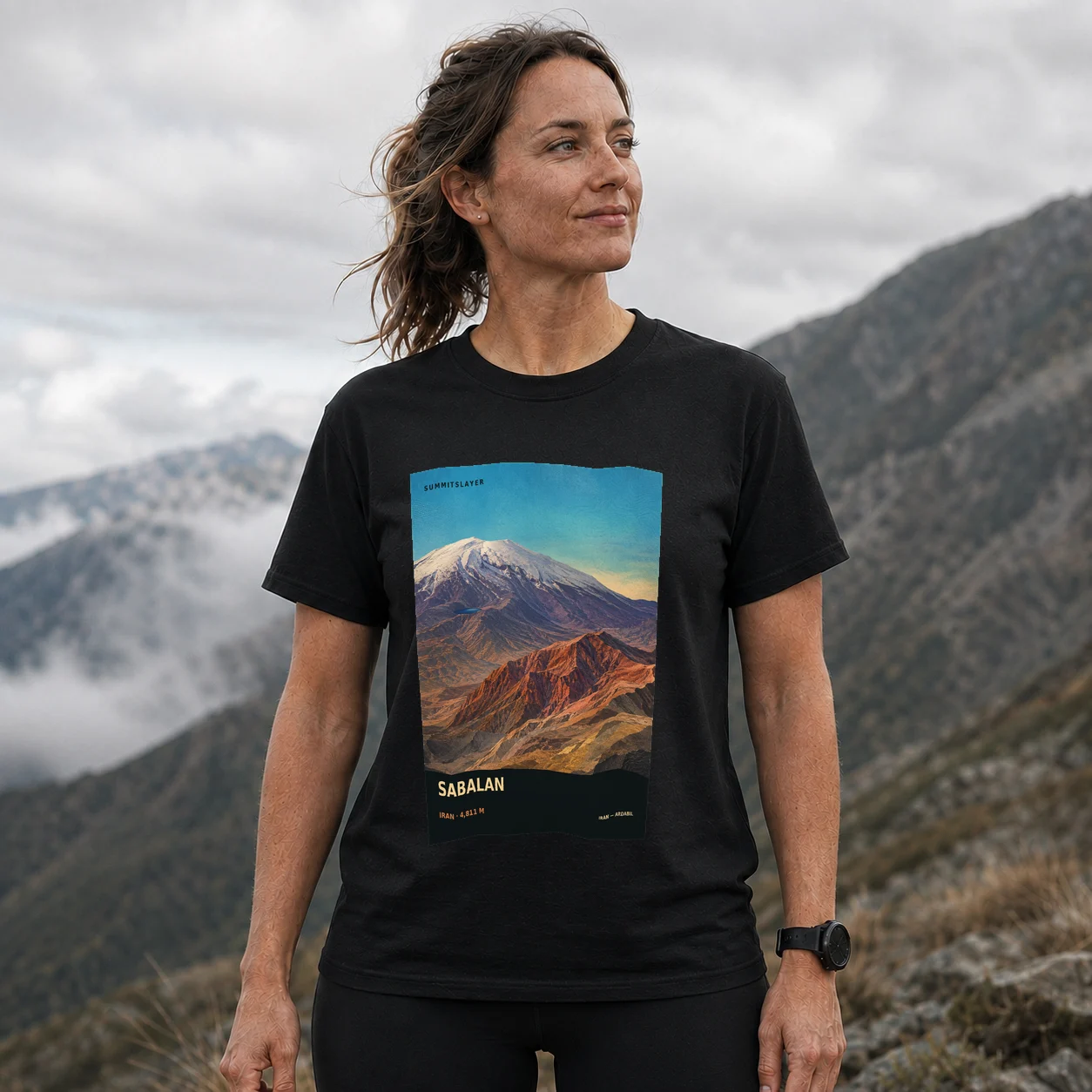 Black Kūh-e Sabalān T-shirt front with mountain artwork