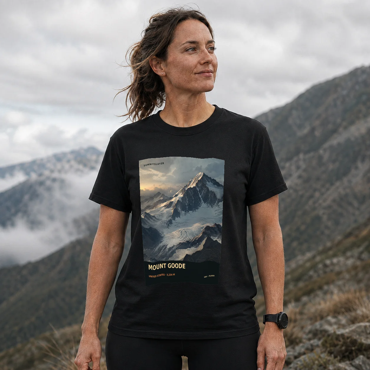 Black Mount Goode T-shirt front with mountain artwork