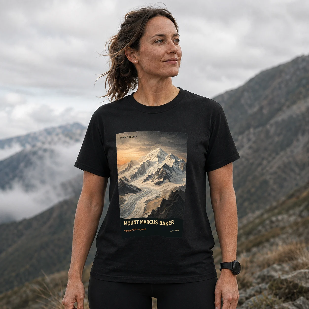 Black Mount Marcus Baker T-shirt front with mountain artwork