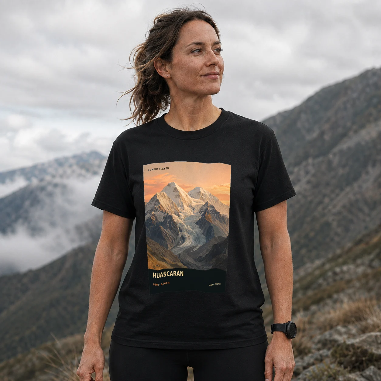 Black Nevado Huascarán T-shirt front with mountain artwork