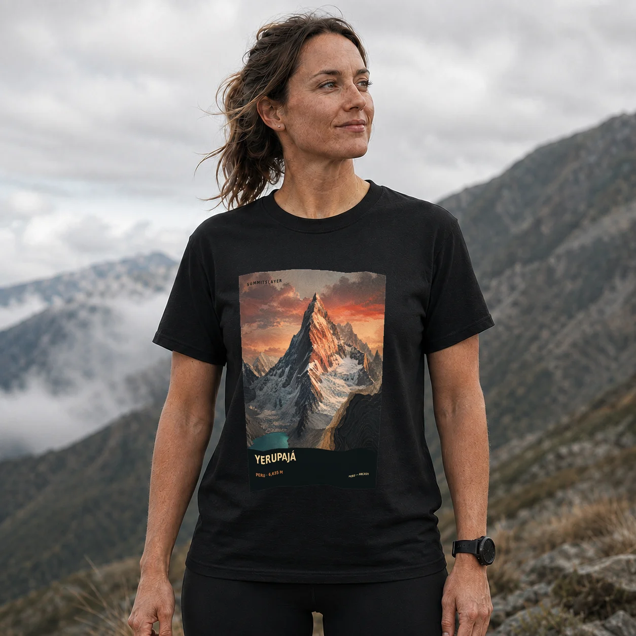 Black Nevado Yerupajá T-shirt front with mountain artwork