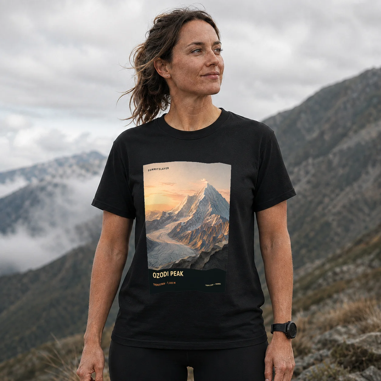 Black Pik Yevgenii Korzhenevskoy T-shirt front with mountain artwork