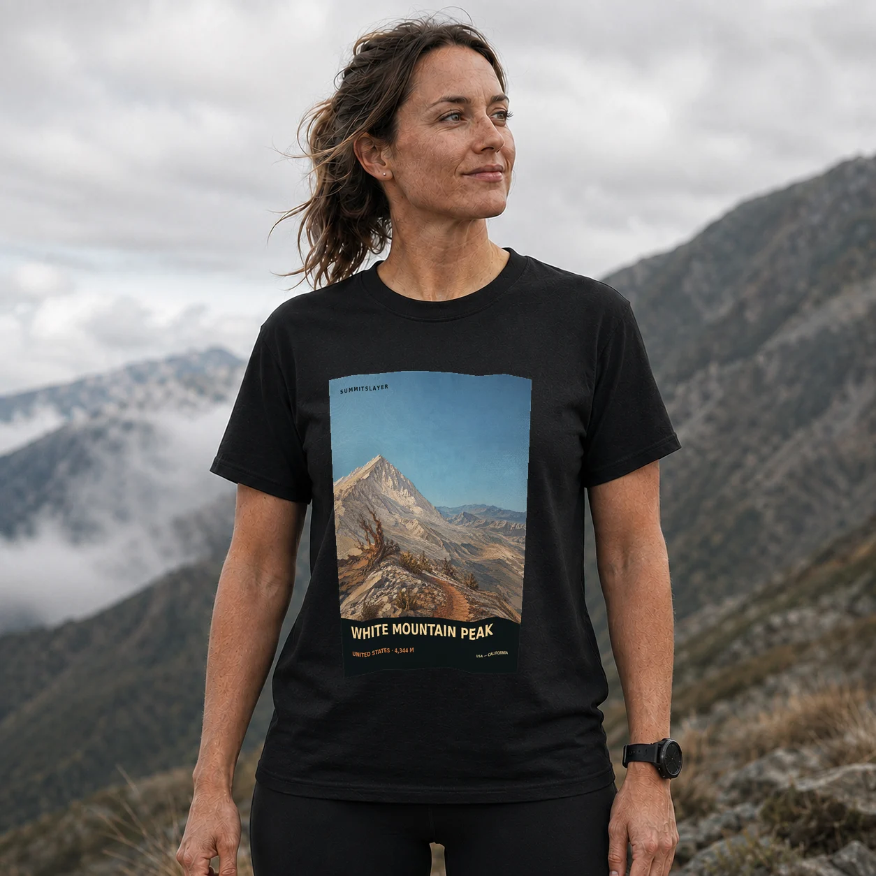 Black White Mountain Peak T-shirt front with mountain artwork