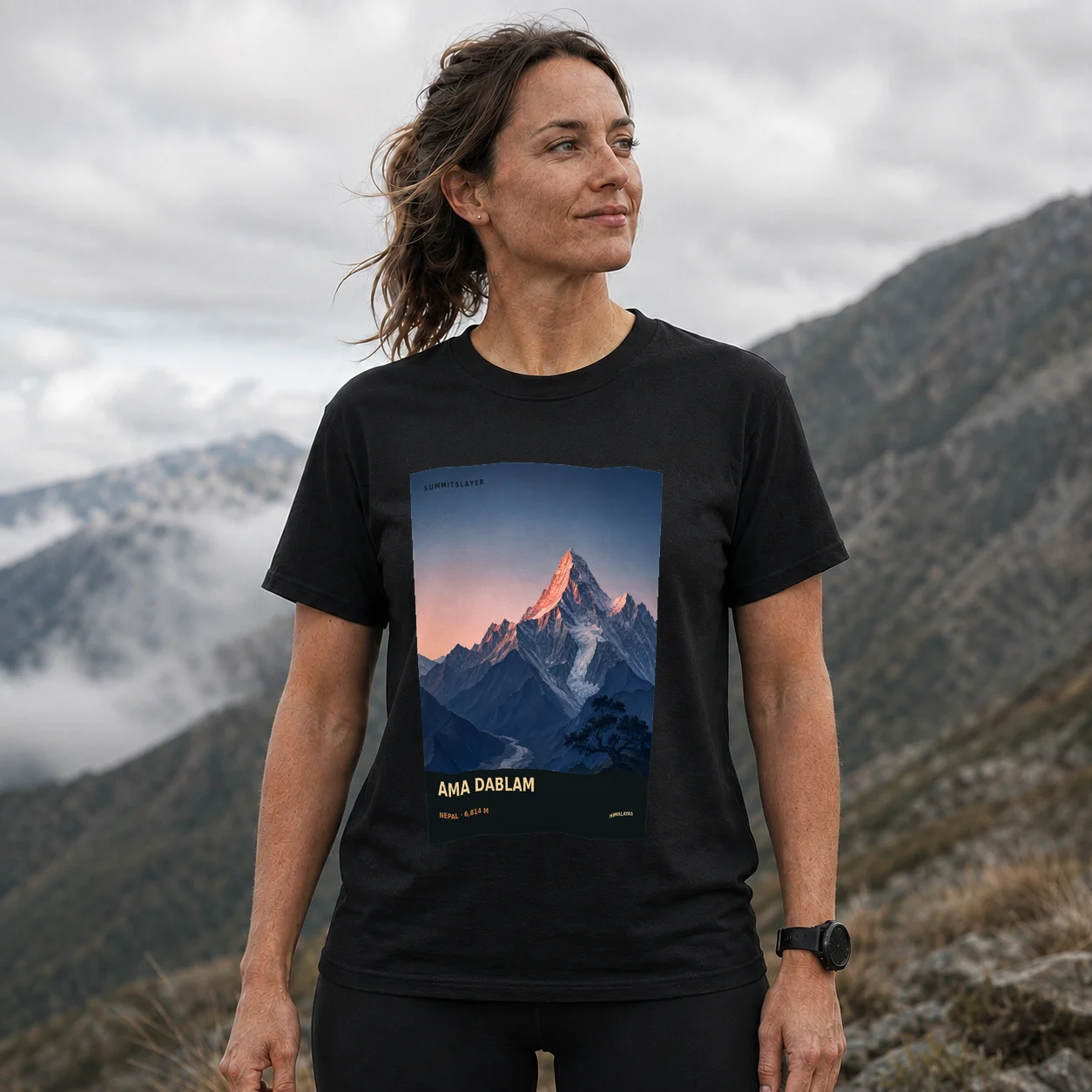 Black Ama Dablan T-shirt front with mountain artwork