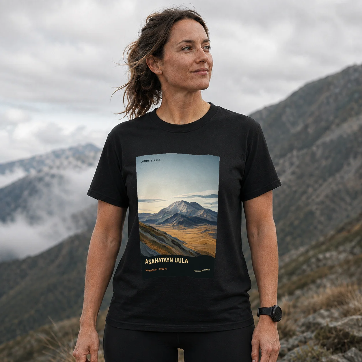 Black Asahatayn Uula T-shirt front with mountain artwork