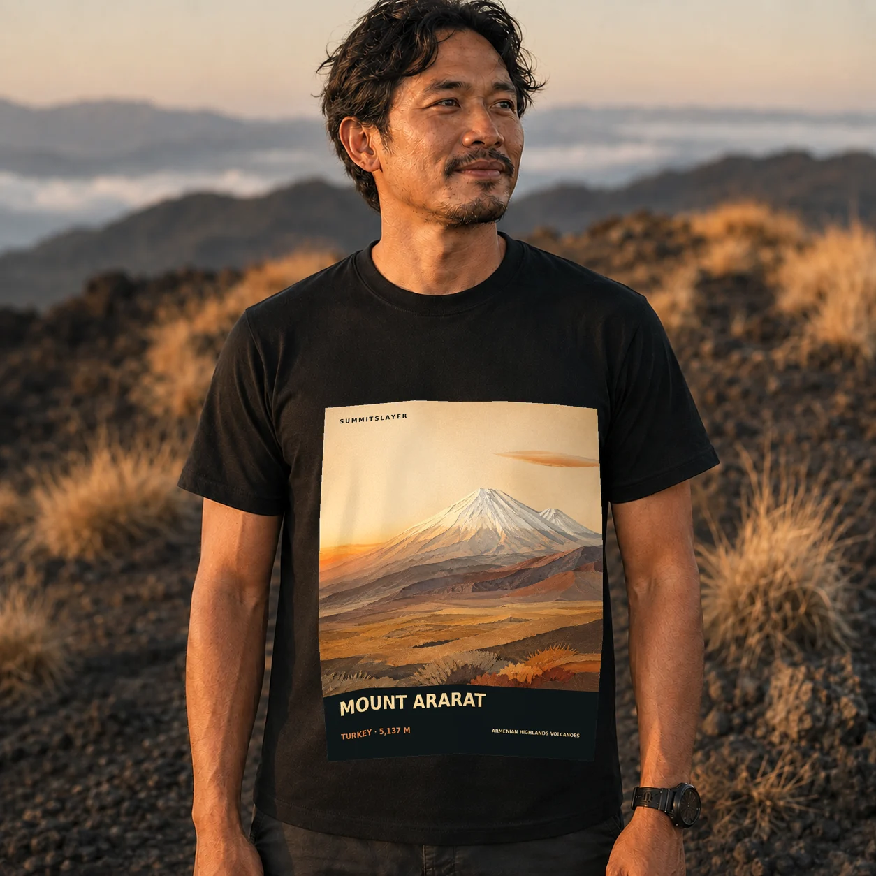 Black Great Ararat T-shirt front with mountain artwork