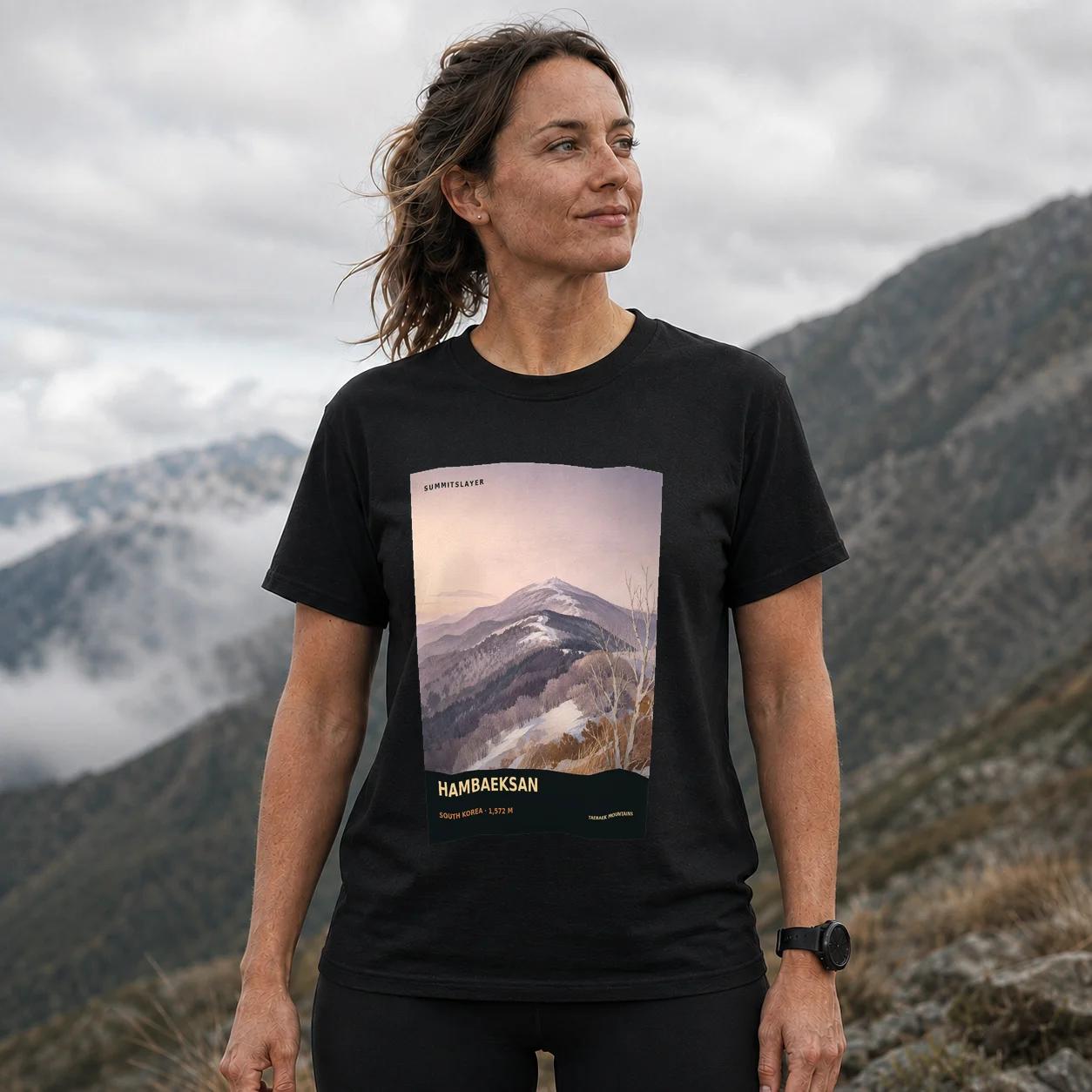 Black Hambaek-san T-shirt front with mountain artwork