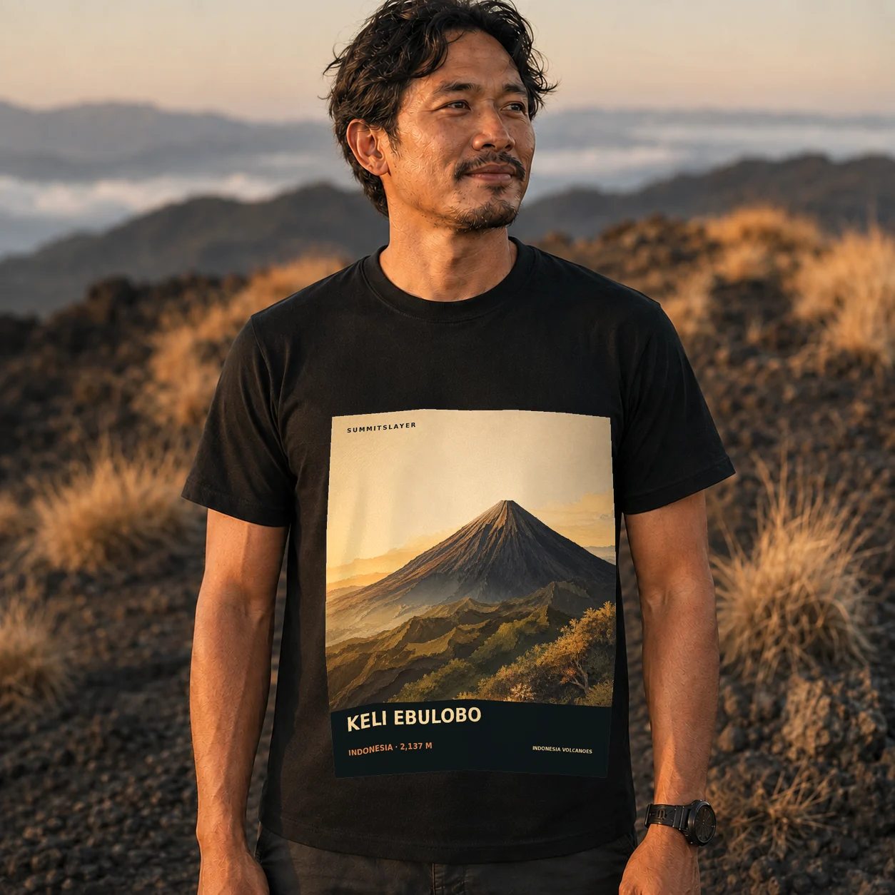 Black Keli Ebulobo T-shirt front with mountain artwork