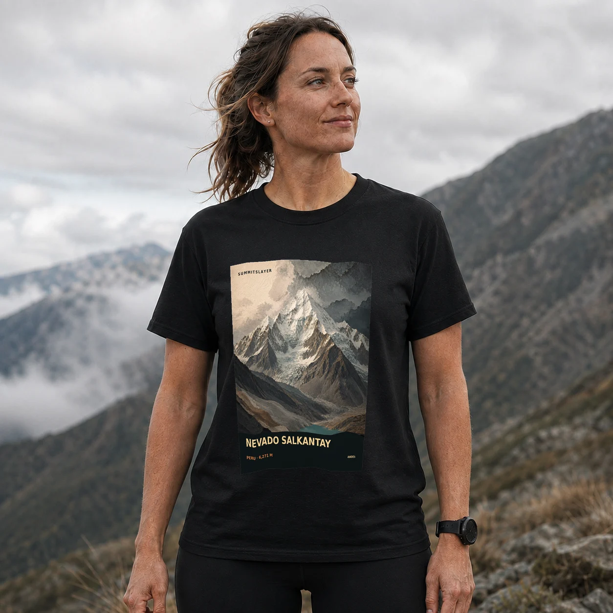 Black Nevado Salcantay T-shirt front with mountain artwork