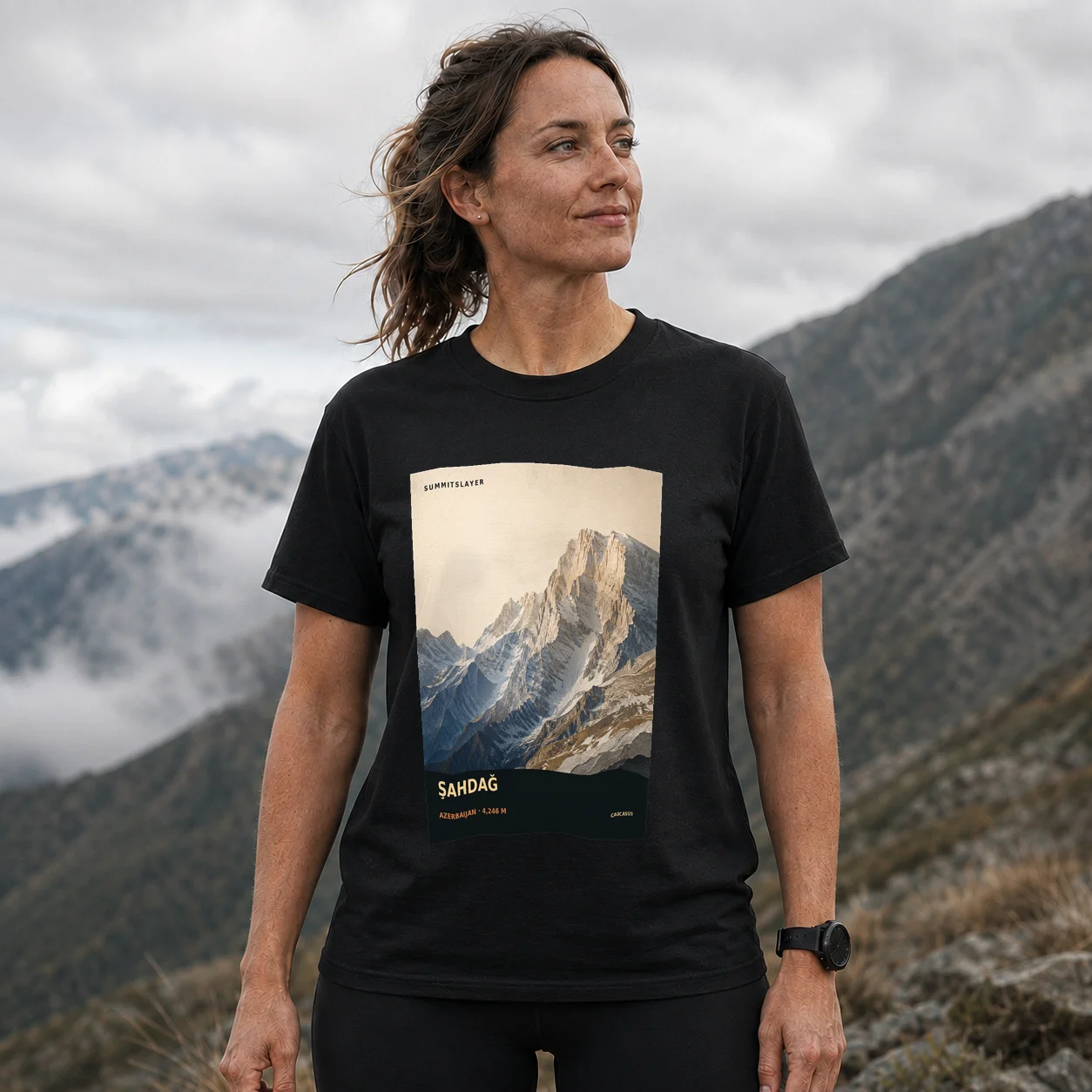 Black Şahdağ T-shirt front with mountain artwork