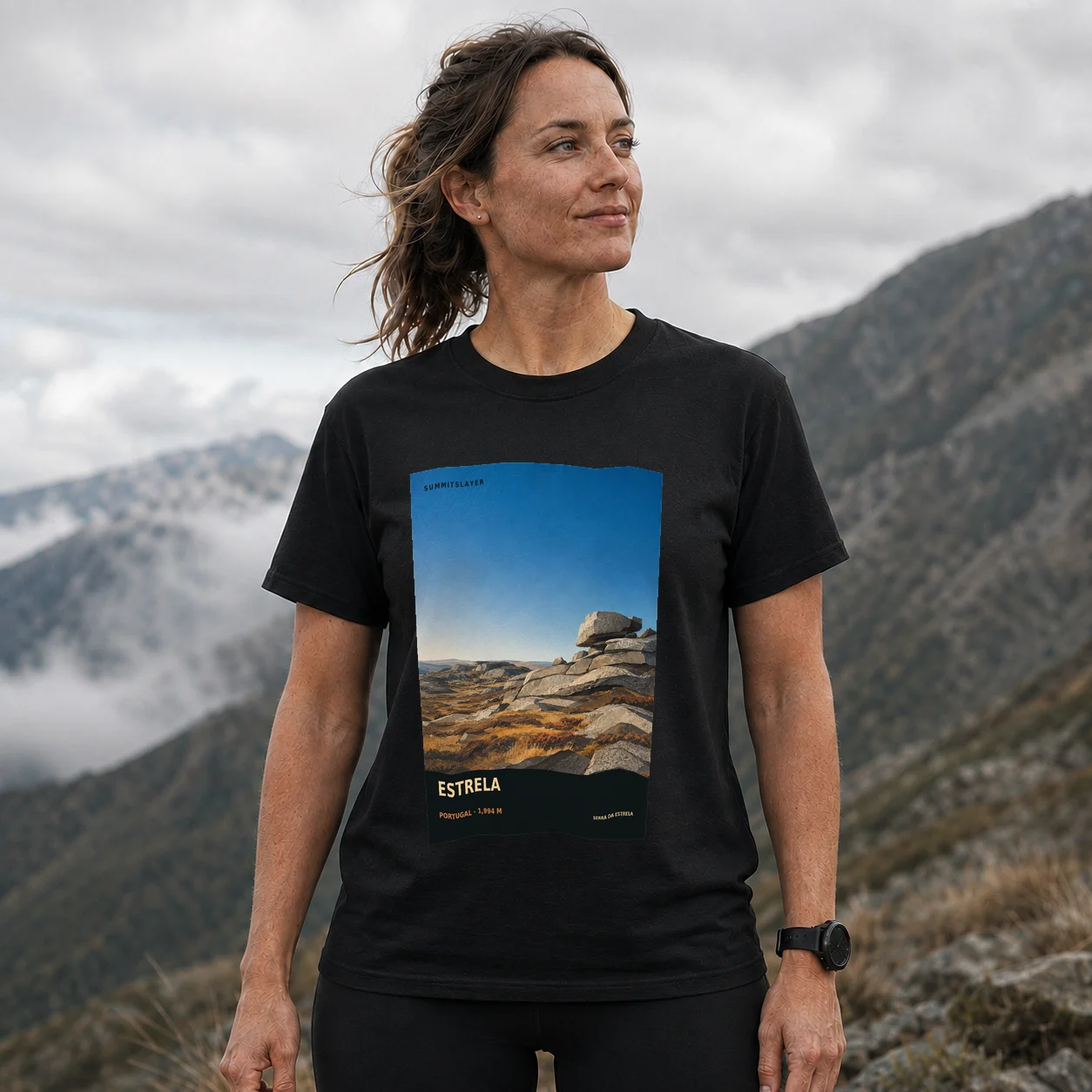 Black Serra da Estrela - Torre T-shirt front with mountain artwork