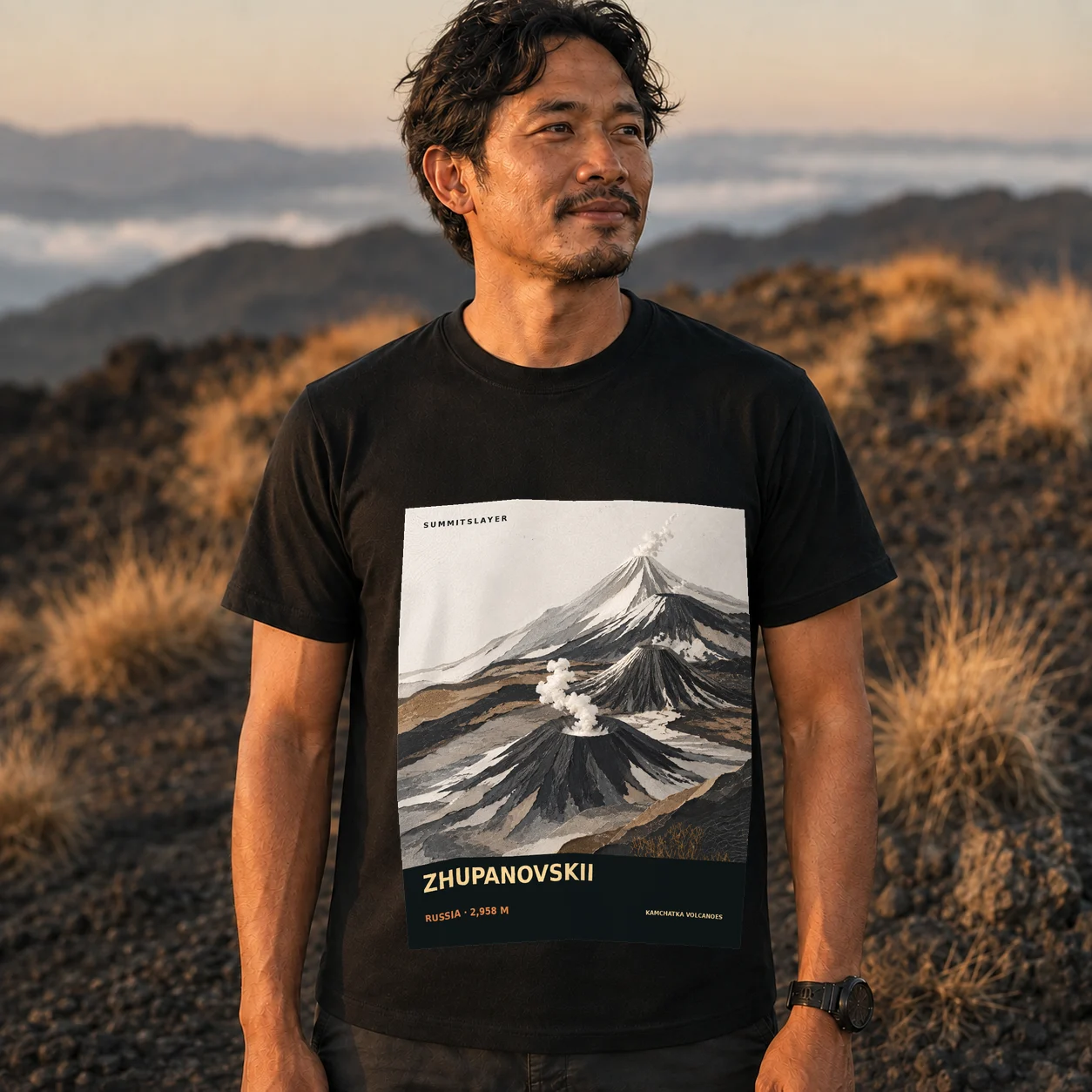 Black Sopka Zhupanovskaya T-shirt front with mountain artwork