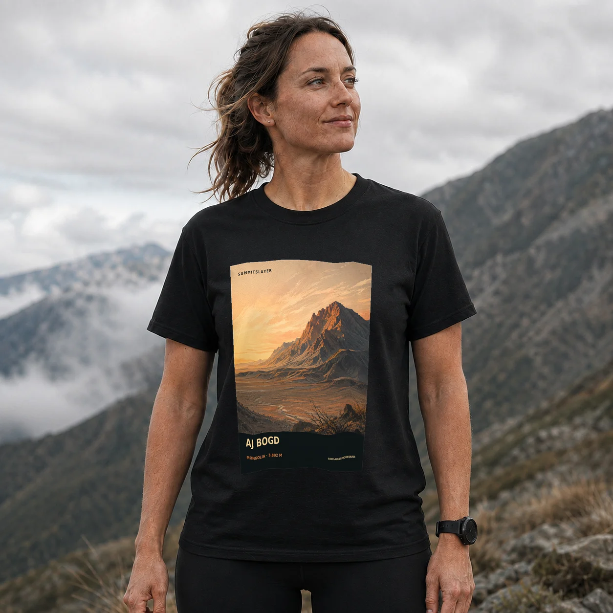 Black AJ BOGD T-shirt front with mountain artwork