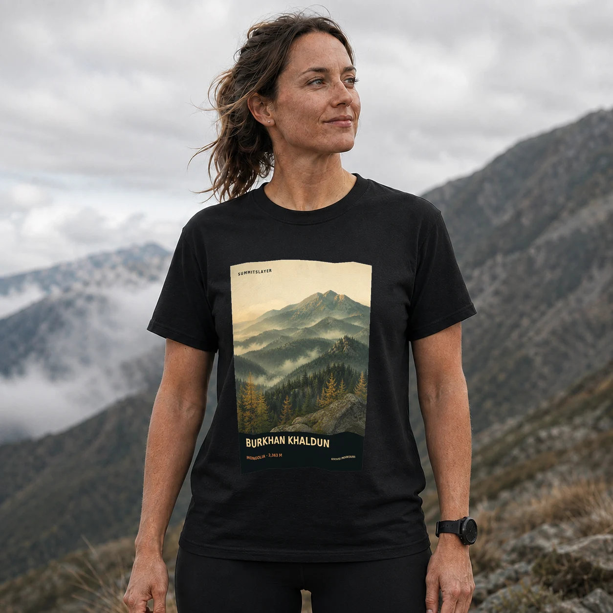 Black BURKHAN KHALDUN T-shirt front with mountain artwork