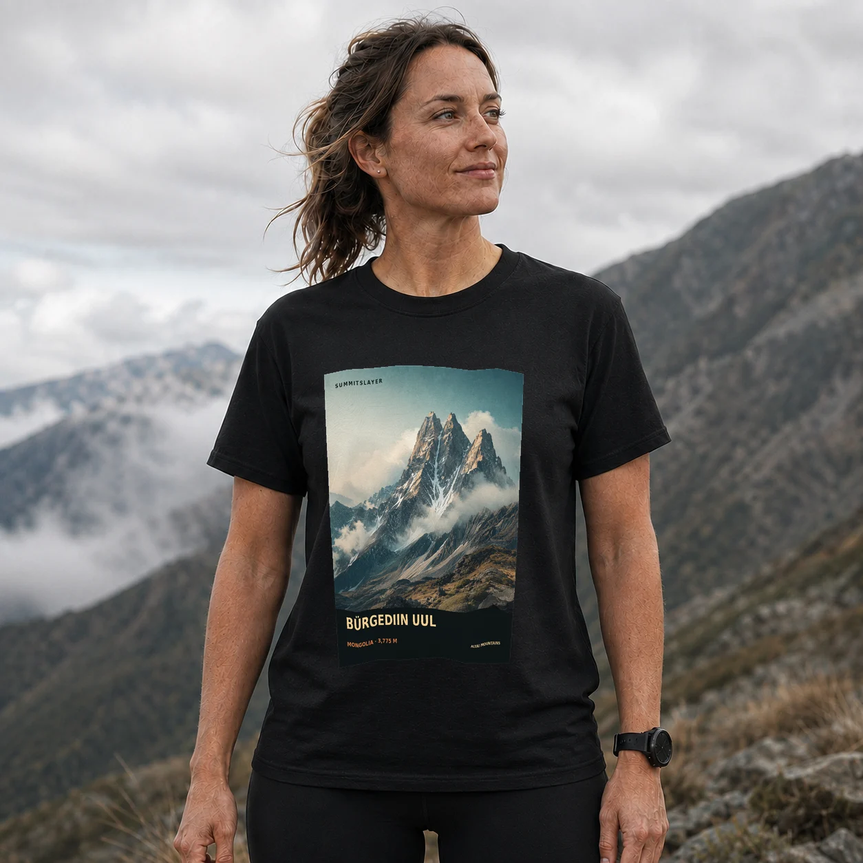 Black Büürgeteyn Uula T-shirt front with mountain artwork