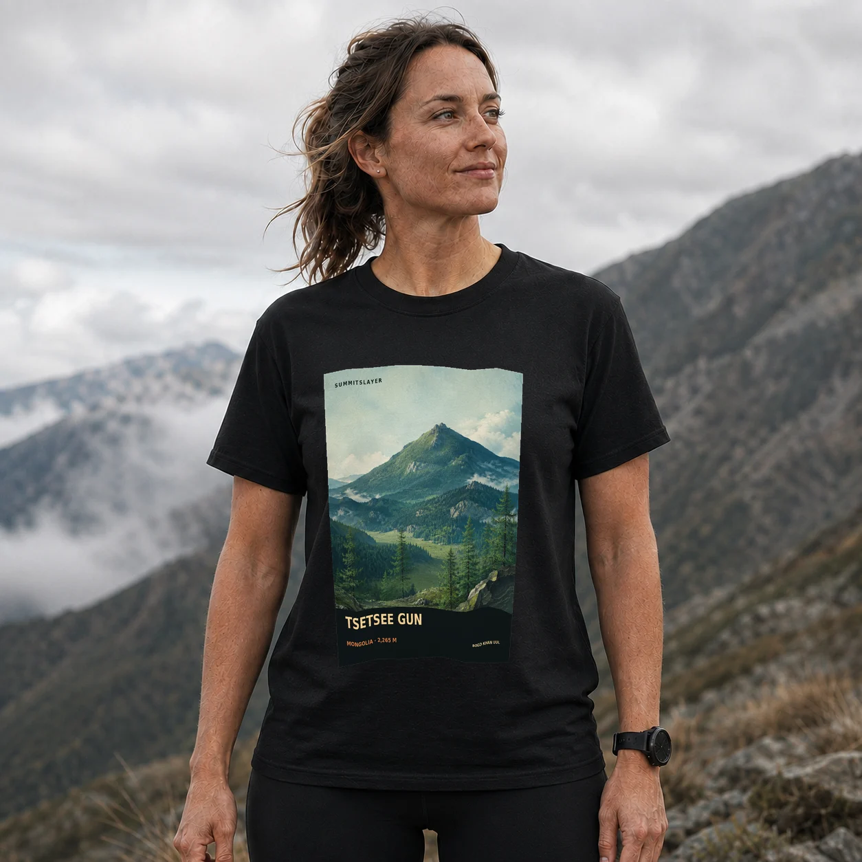 Black Choybalsan Uul T-shirt front with mountain artwork