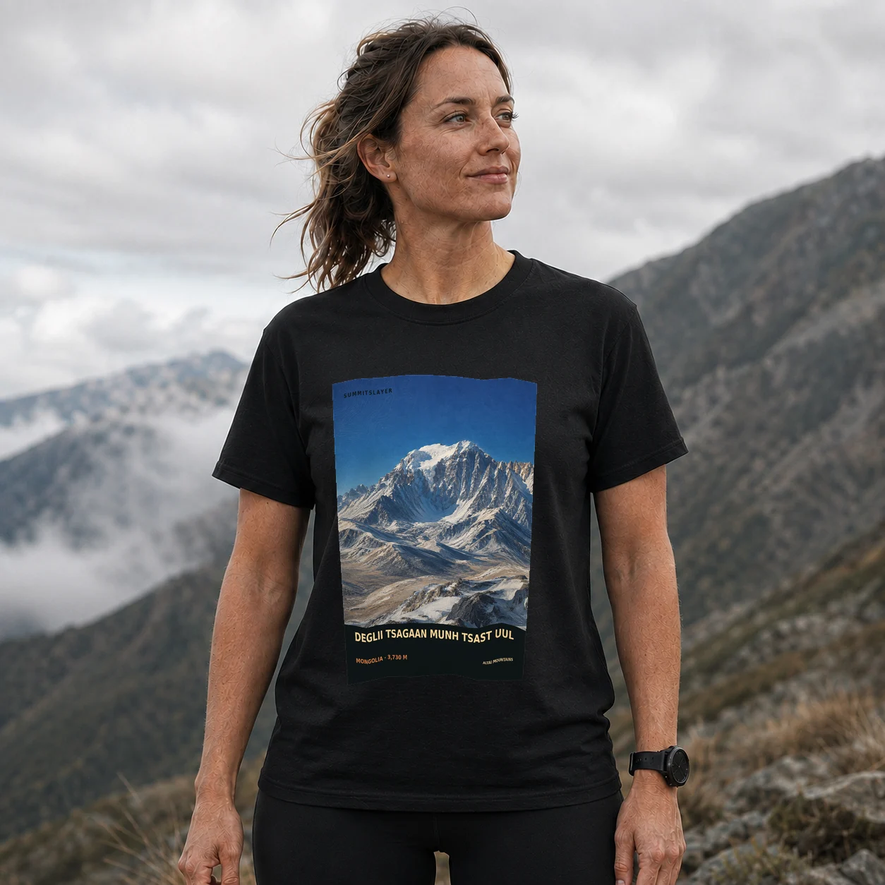 Black DEGLII TSAGAAN MUNH TSAST UUL T-shirt front with mountain artwork