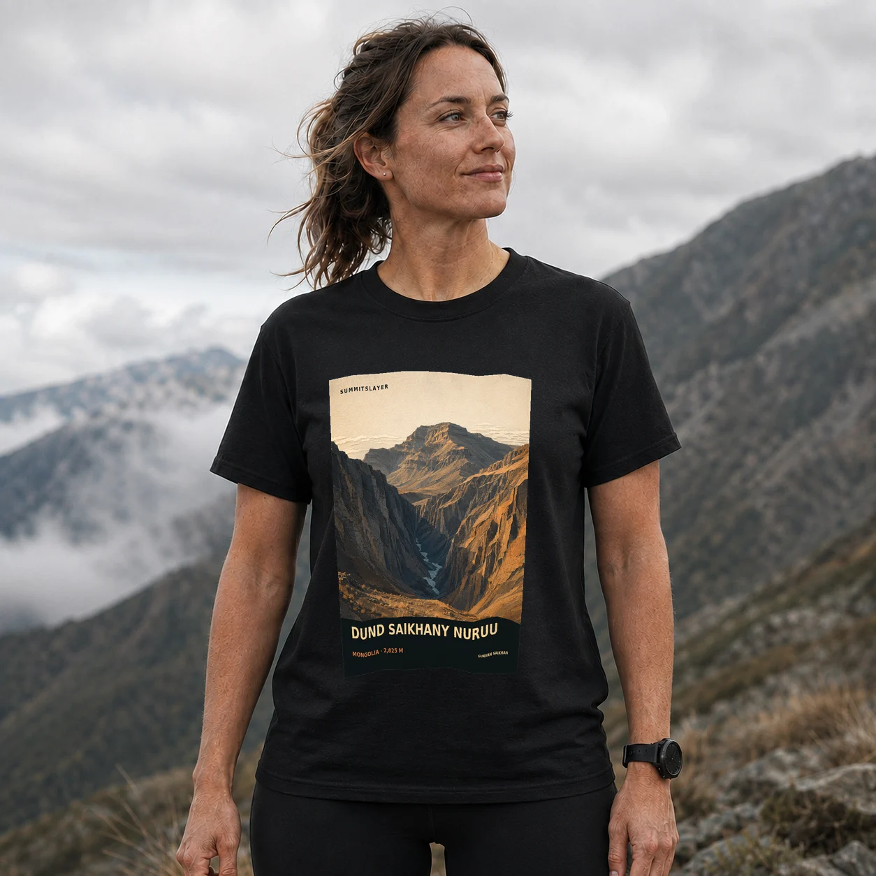 Black DUND SAIKHANY NURUU T-shirt front with mountain artwork