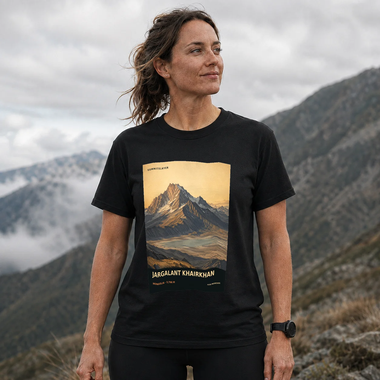 Black JARGALANT KHAIRKHAN T-shirt front with mountain artwork