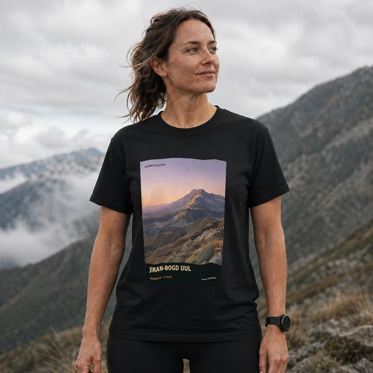 Black JIRAN-BOGD UUL T-shirt front with mountain artwork