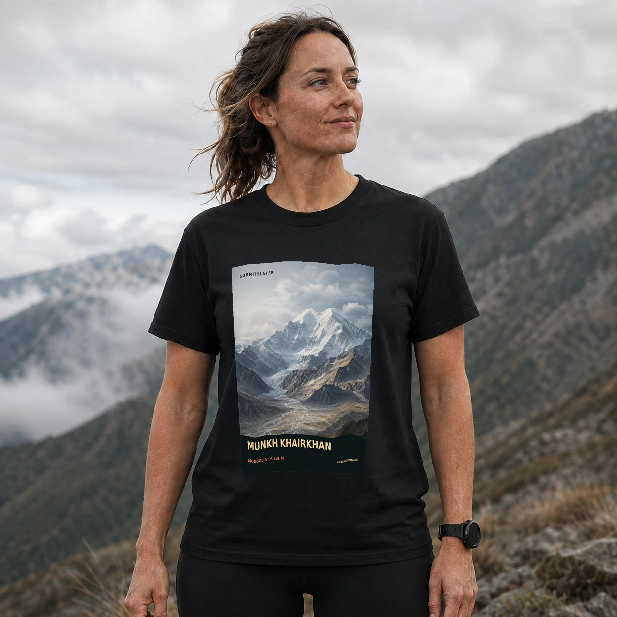 Black MUNKH KHAIRKHAN T-shirt front with mountain artwork