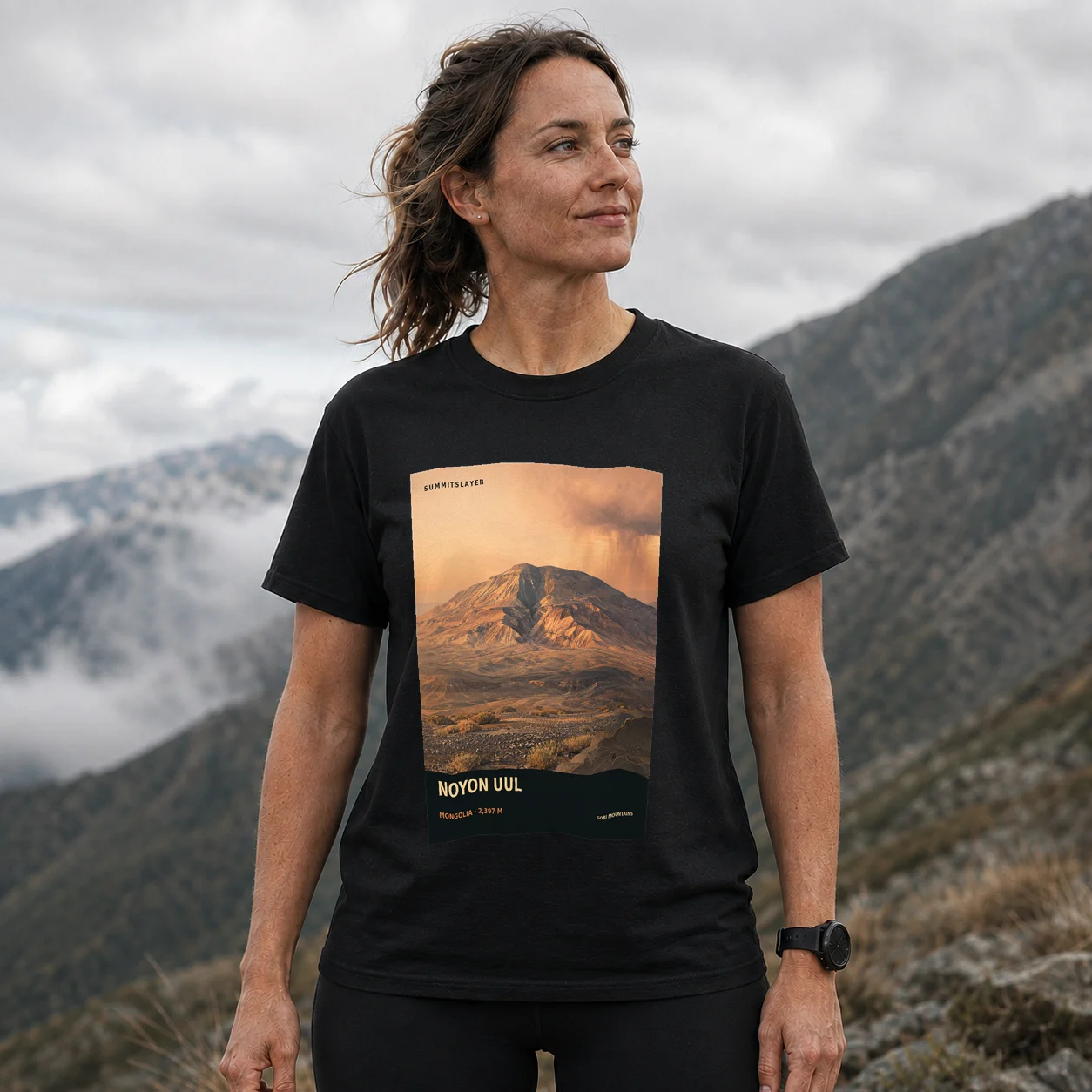 Black NOYON UUL T-shirt front with mountain artwork