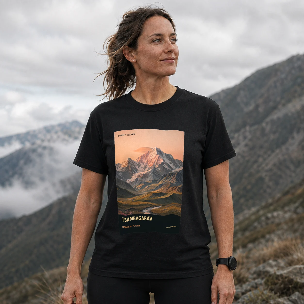 Black TSAMBAGARAV T-shirt front with mountain artwork