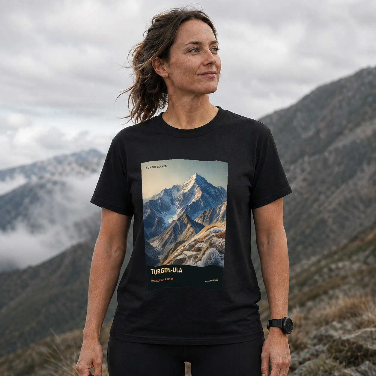 Black TURGEN-ULA T-shirt front with mountain artwork