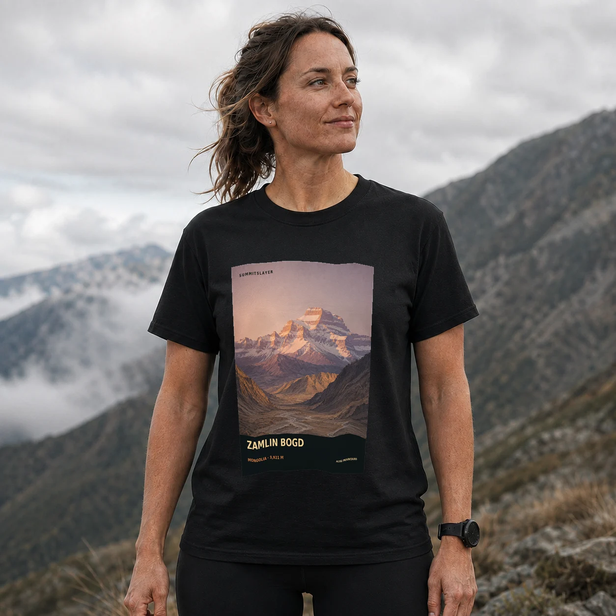 Black ZAMLIN BOGD T-shirt front with mountain artwork