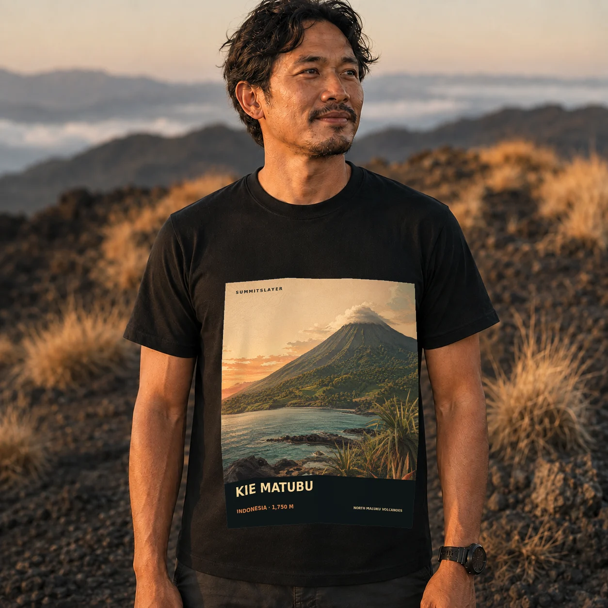 Black KIE MATUBU T-shirt front with mountain artwork