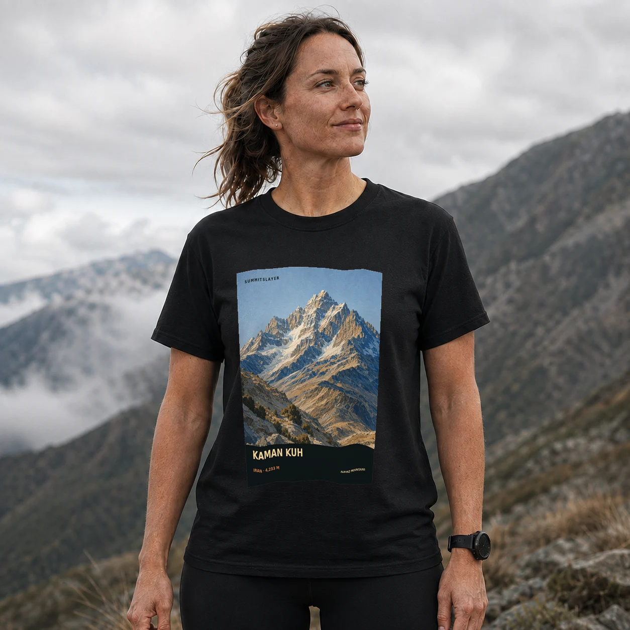 Black Kūh-e Kamūn T-shirt front with mountain artwork