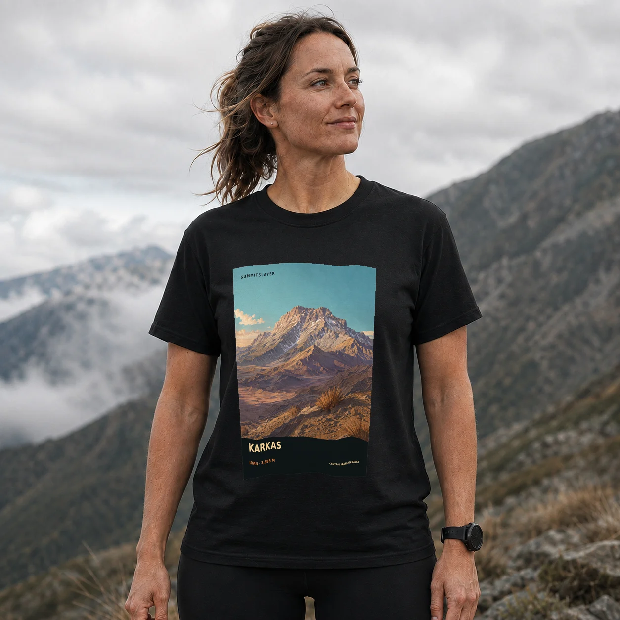 Black Kūh-e Karkas T-shirt front with mountain artwork
