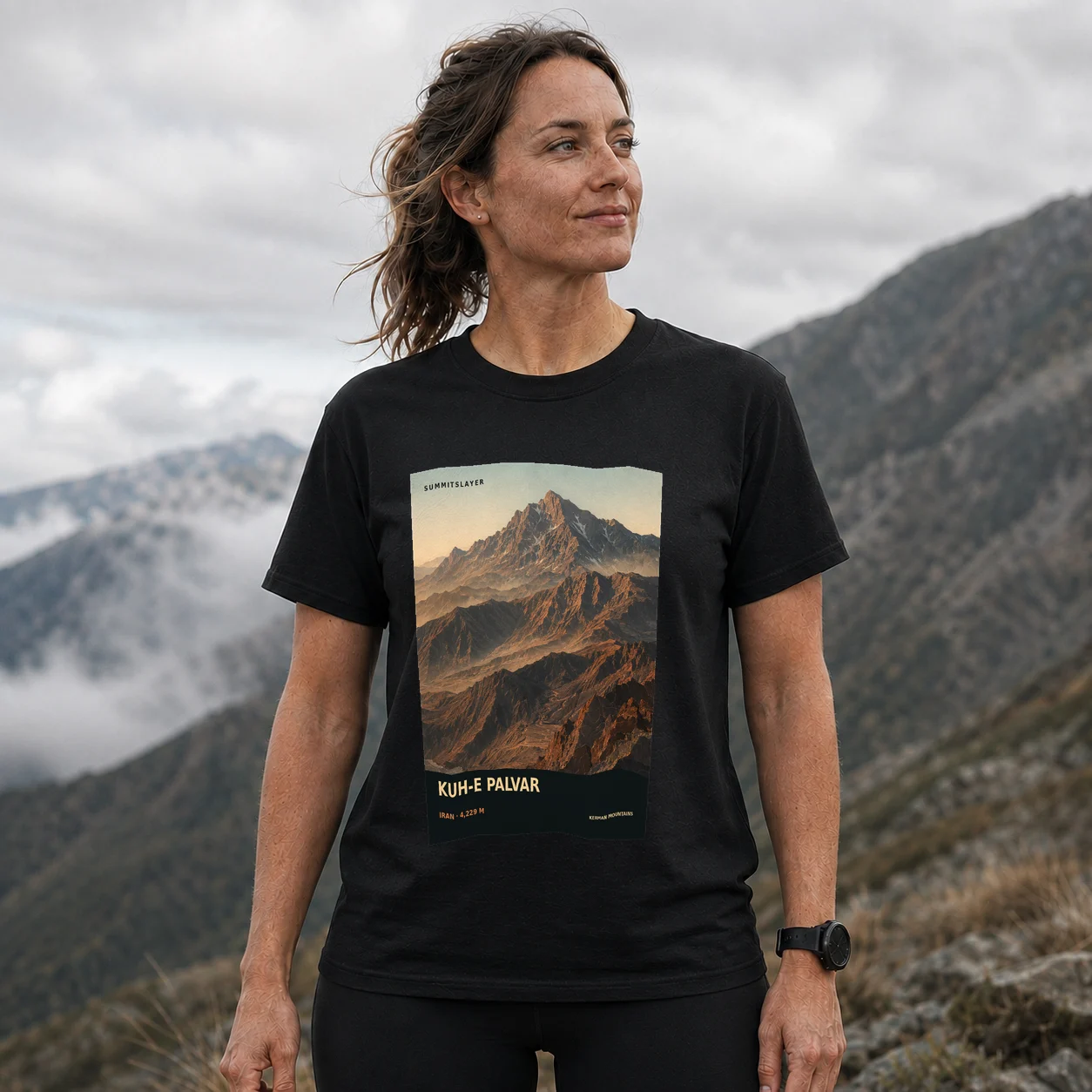 Black Kūh-e Palvār T-shirt front with mountain artwork