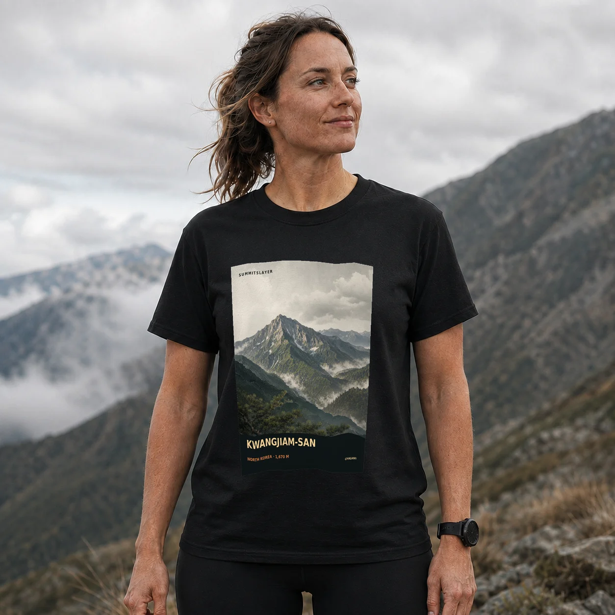 Black Kwangjiam-san T-shirt front with mountain artwork