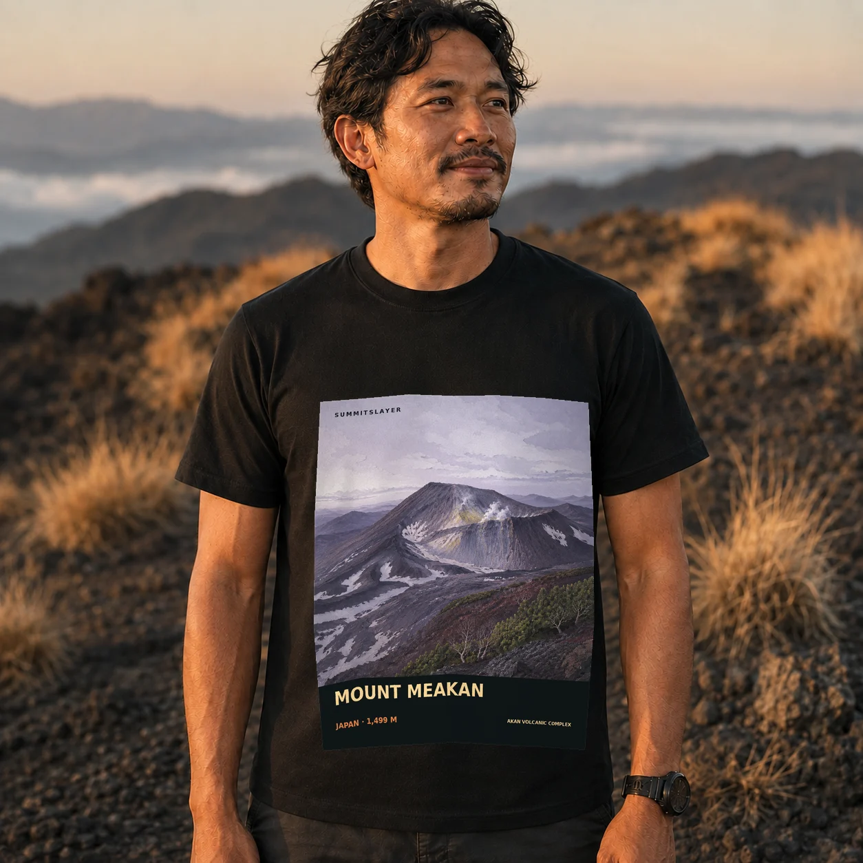 Black Meakan Dake T-shirt front with mountain artwork