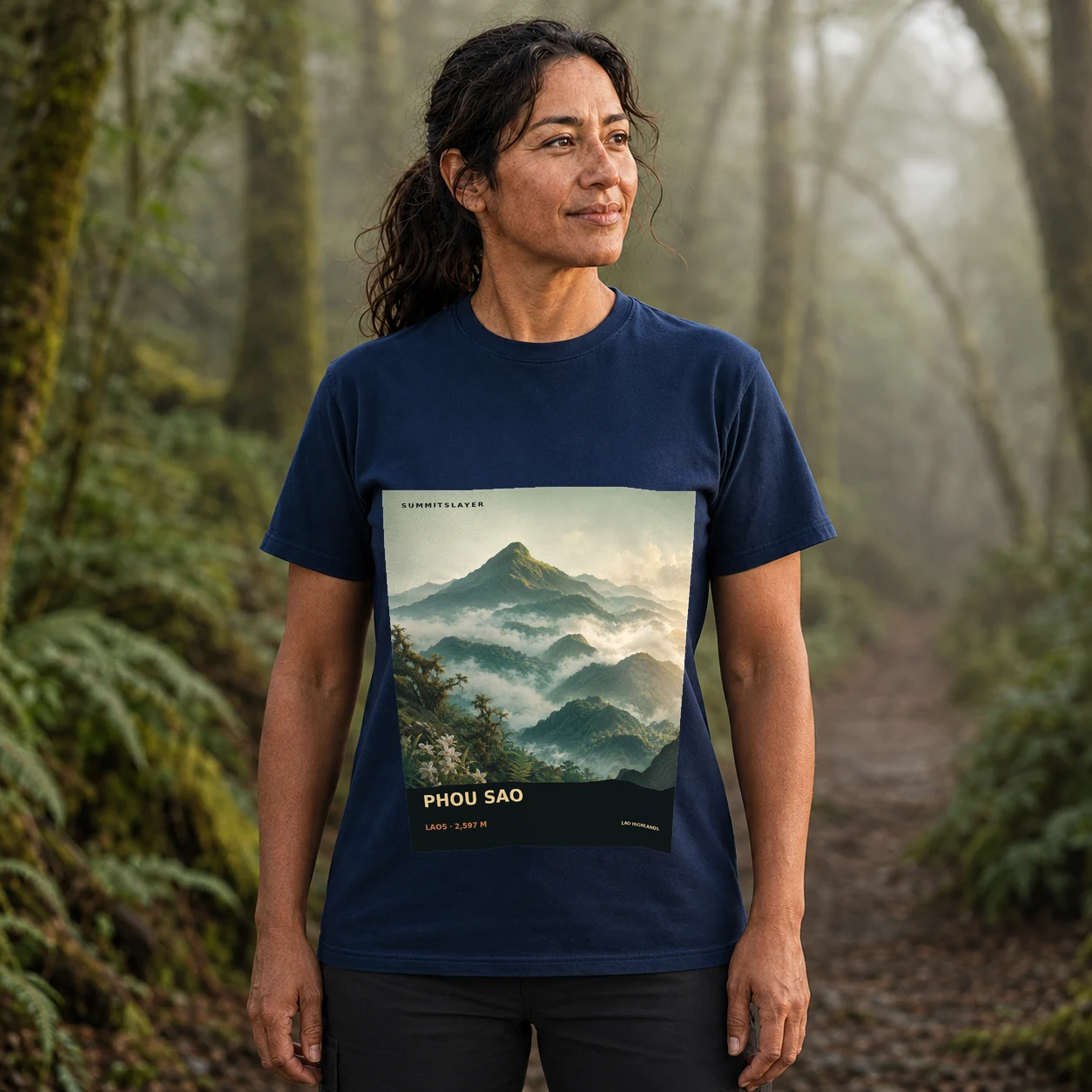 Navy Phou Xao T-shirt front with mountain artwork