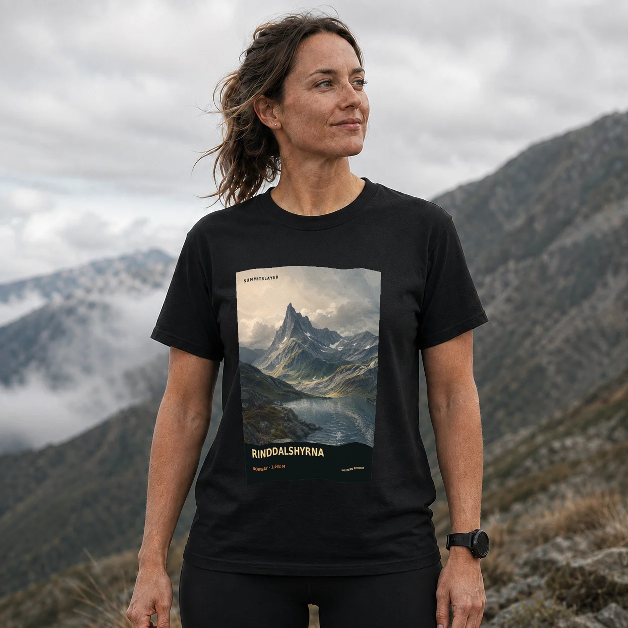 Black Rindalshyrna T-shirt front with mountain artwork