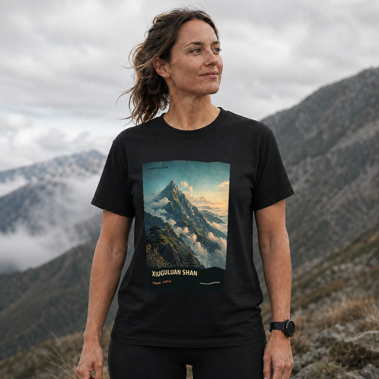 Black Xiuguluan Shan T-shirt front with mountain artwork